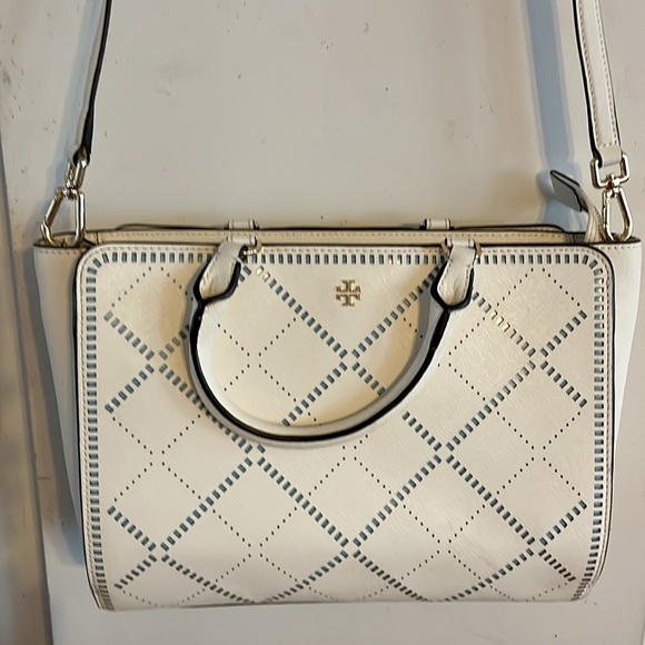 NWOT TORY BURCH ROBINSON CROSSHATCHED IVORY/BLUE LEATHER SATCHEL BAG - Picture 2 of 15